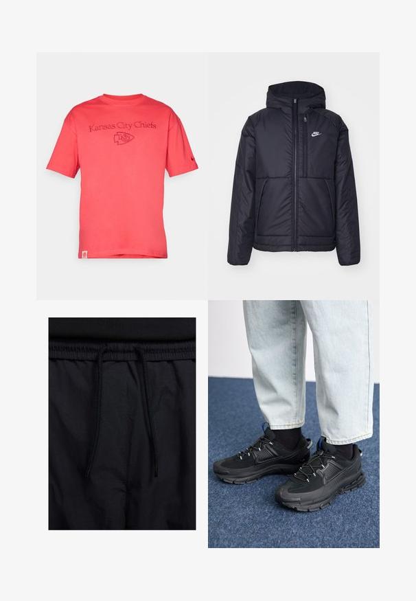 Črna, podložena Nike jakna z sprednjim zadrgo in kapuco. Ima bel logo na levem prsnem delu in dvojna sprednja žepa. Gladka zunanja tekstura.; Koralna majica s kratkimi rokavi iz bombaža, okrašena z vezenim napisom in logotipom "Kansas City Chiefs" na sprednji sredini.; Črne kratke hlače z vrvico v pasu, lahkotna tkanina z gladko teksturo in preprosto zasnovo brez vidnih logotipov ali vzorcev.; Črne športne čevlje z teksturirano tkanino in gumijastimi podplati, ki imajo elastične vezalke ter modre poudarke na peti. Nosi se z lahkimi denim hlačami.