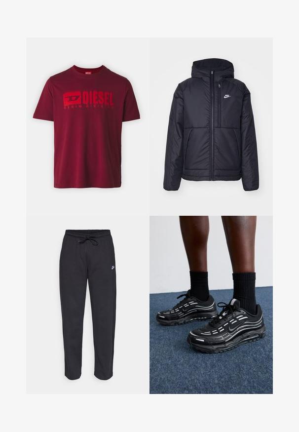 Musta, pehmustettu Nike-takki, jossa on etuvetoketju ja huppu. Vasemmassa rinnassa on valkoinen logo ja takissa on kaksinkertaiset etutaskut. Pintakoe on sileä.; Diesel ADJUST - Printtipaita - ah40y; Mustat verkkareita pehmeästä kankaasta, jossa on joustava vyötärö, nyöri ja pieni Nike-logo vasemmassa reidessä.; Mustat Nike-kengät, joissa on verkkomateriaali ja korostetut raidat, teksturoitu nauhoitus ja musta kumipohja. Yhdistetty mustiin ribbikurottimiin.
