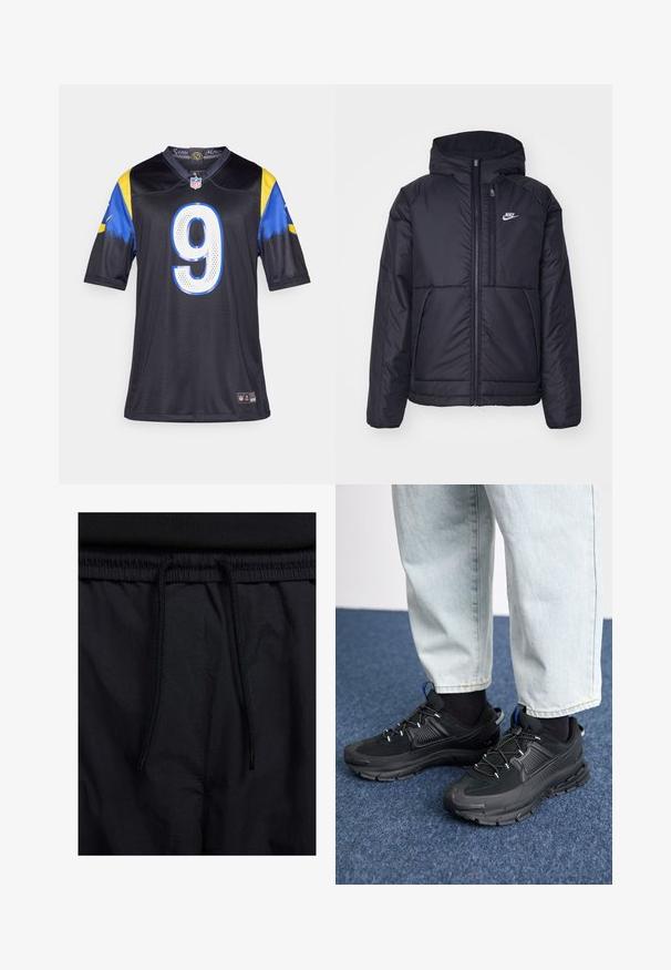 Black, padded Nike jacket with a front zipper and hood. Features a white logo on the left chest and dual front pockets. Smooth exterior texture.; Black NFL jersey with short sleeves, blue and yellow accents, featuring a large white number 9 on the front and team logos on the collar.; Black shorts featuring a drawstring waistband, lightweight fabric with a smooth texture, and a simple design without visible logos or patterns.; Black athletic shoes with textured fabric and rubber soles, featuring elastic laces and a blue accent on the heel. Worn with light denim pants.
