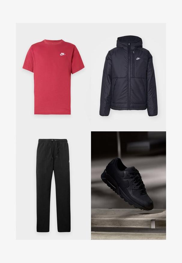 Μαύρο, επενδυμένο μπουφάν Nike με μπροστινό φερμουάρ και κουκούλα. Διαθέτει λευκό λογότυπο στο αριστερό στήθος και διπλές μπροστινές τσέπες. Λείο εξωτερικό υλικό.; Κόκκινο κοντομάνικο t-shirt της Nike με λευκό λογότυπο στο αριστερό στήθος, στρογγυλή λαιμόκοψη και απλό σχέδιο σε ουδέτερο φόντο.; Μαύρο παντελόνι φόρμας από φλις, με ελαστική μέση και κορδόνια, δύο μπροστινές τσέπες και μικρό λογότυπο στο μηρό.; Μαύρο αθλητικό παπούτσι Nike Air Max 90 με διαφανές δίκτυο πάνω μέρος, λεία δερμάτινα σημεία, επενδεδυμένη κολάρο και ορατή αεροκουβέρτα στη σόλα.