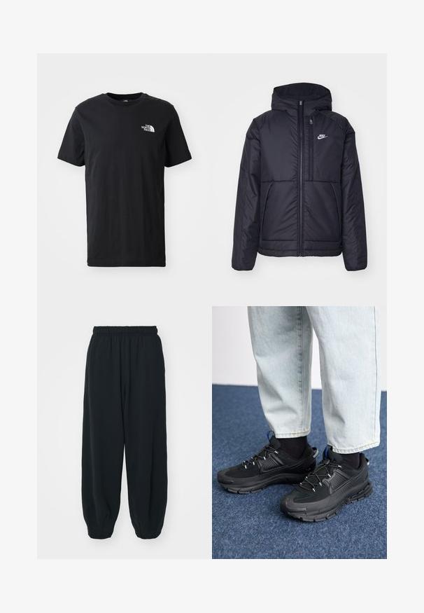 Musta, pehmustettu Nike-takki, jossa on etuvetoketju ja huppu. Vasemmassa rinnassa on valkoinen logo ja takissa on kaksinkertaiset etutaskut. Pintakoe on sileä.; Musta puuvillapaita lyhyillä hihoilla, pyöreällä kaula-aukolla, jossa on pieni valkoinen logo vasemmassa rinnassa. Pehmeä rakenne, rento istuvuus.; Mustat, elastisella vyötäröllä varustetut collegehousut, joissa on löysä istuvuus, cuffattu lahje, sileä pinta ja ilman näkyviä kuvioita tai varusteita.; Mustat urheilukengät, joissa on teksturoitu kangas ja kumipohjat, elastiset nauhat ja sininen yksityiskohta kannassa. Yhdistetty vaaleisiin farkkuihin.