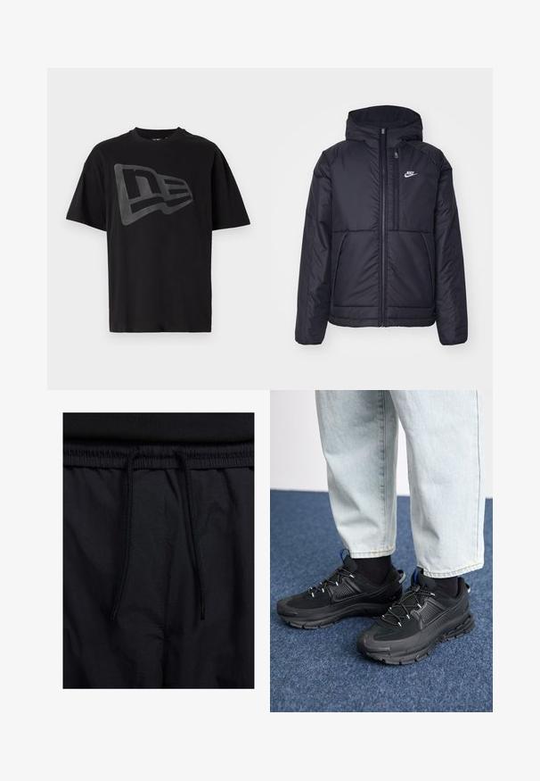 Musta, pehmustettu Nike-takki, jossa on etuvetoketju ja huppu. Vasemmassa rinnassa on valkoinen logo ja takissa on kaksinkertaiset etutaskut. Pintakoe on sileä.; Musta puuvillapaita, jossa on iso, matta musta logokuva etupuolella. Lyhyet hihat ja rento istuvuus. Sujuva pinta.; Mustat shortsit, joissa on naru vyötäröllä, kevyestä kankaasta valmistettu, sileä tekstuuri ja yksinkertainen muotoilu ilman näkyviä logoja tai kuvioita.; Mustat urheilukengät, joissa on teksturoitu kangas ja kumipohjat, elastiset nauhat ja sininen yksityiskohta kannassa. Yhdistetty vaaleisiin farkkuihin.