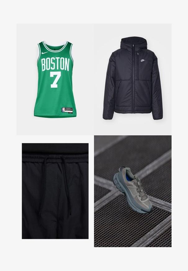 Črna, podložena Nike jakna z sprednjim zadrgo in kapuco. Ima bel logo na levem prsnem delu in dvojna sprednja žepa. Gladka zunanja tekstura.; Zelena košarkarska majica z belimi napisi. Ima napis "BOSTON" in številko "7". Narejena je iz zračnega mrežastega materiala, z znakom in oznako Nike.; Črne kratke hlače z vrvico v pasu, lahkotna tkanina z gladko teksturo in preprosto zasnovo brez vidnih logotipov ali vzorcev.; Bež in siva športna čevlja z teksturiranim mrežastim zgornjim delom, okroglem nosu in gumijastim podplatom, opremljena z vezalkami in oblazinjenim ovratnikom.