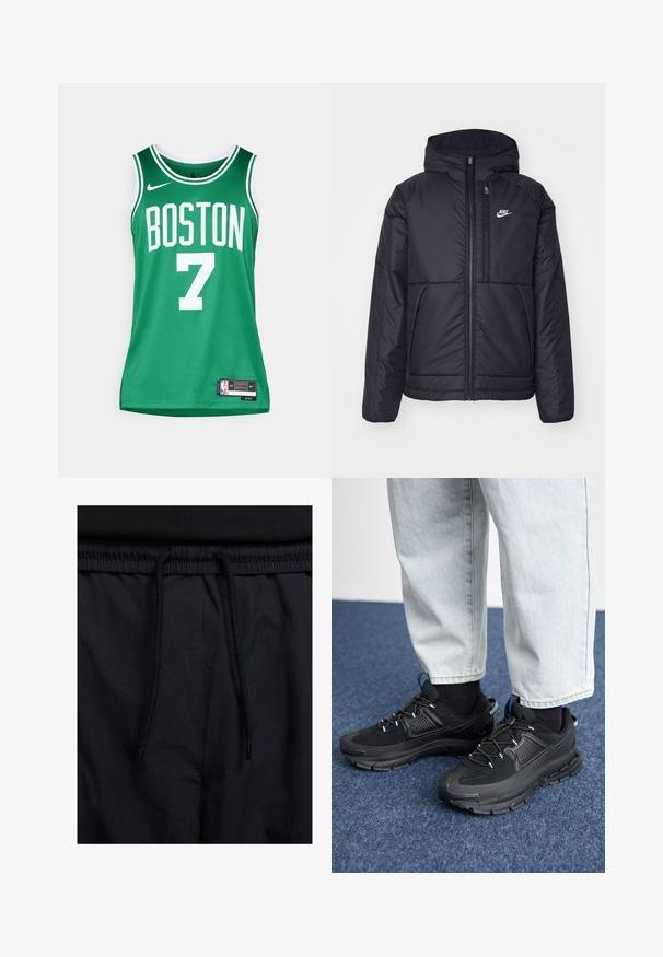 Giacca Nike nera, imbottita, con zip frontale e cappuccio. Presenta un logo bianco sul lato sinistro del petto e doppie tasche frontali. Texture esterna liscia.; Maglia da basket verde con lettering bianco. Presenta la scritta "BOSTON" e il numero "7". Realizzata in materiale mesh traspirante, con logo e etichetta Nike.; Shorts neri con vita regolabile tramite coulisse, tessuto leggero con una texture liscia e un design semplice senza loghi o motivi visibili.; Scarpe sportive nere con tessuto testurizzato e suole in gomma, dotate di lacci elastici e un accento blu sul tallone. Indossate con pantaloni in denim chiaro.