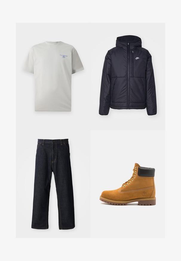 Sort, polstret Nike-jakke med frontlynlås og hætte. Har et hvidt logo på venstre bryst og to frontlommer. Glat ydre tekstur.; Lys grå bomulds T-shirt med korte ærmer, rund halsudskæring og en lille blå logotekst på venstre brystområde. Glat overflade.; Mørkeblå denim bukser med lige ben-design, der har gule syninger, forlommer og knaplukning i taljen.; Tan nubuck ankelstøvle med sort polstret krave, gyldne metaløjer, hvid syning detaljer og robust gummisål med udtalte slidbaner.