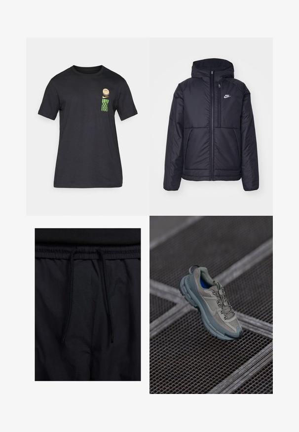 Melna, pufota Nike jaka ar priekšējo rāvējslēdzēju un kapuci. Iezīmēta ar baltu logotipu uz kreisās krūtis un divām priekšējām kabatām. Gluda ārējā tekstūra.; Melna īsām piedurknēm T-krekli ar mazu zīmējumu - basketbola bumbu, dzelteno Nike swoosh un zaļo basketbola tīklu augšējā kreisajā krūšu daļā.; Melni šorti ar sašūtu jostu, viegls audums ar gludu tekstūru un vienkāršs dizains bez redzamiem logotipiem vai paraugiem.; Bežīgas un pelēkas sporta kurpes ar teksturētu sieta augšdaļu, noapaļotu purngalu un gumijas zoli, satur šņores un mīkstinātu apkakli.