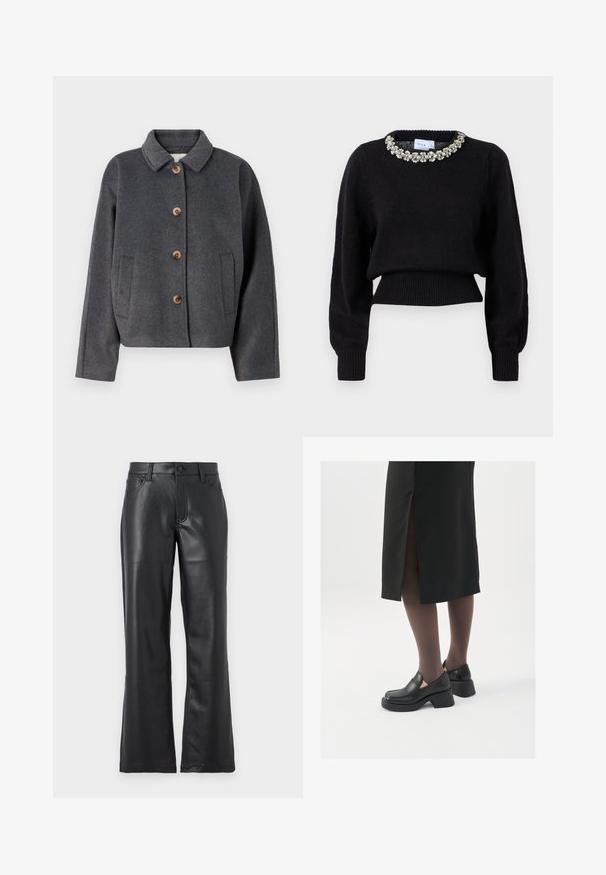 Sivi sako od vune s dodatkom, s ovratnikom, pet drvenih gumba, dva bočna džepa i skraćenim dizajnom. Mekana tekstura sa suptilnim završetkom.; Crni skraćeni pulover od pletene tkanine, s dugim rukavima i ukrasnom beaded ovratnikom. Rebrasti manžeti i donji rub.; Crne kožne hlače s izflared dizajnom, s prednjim džepovima, petljama za pojas i zakopčavanjem na gumb. Glatka tekstura s vidljivim šavovima.; Crne kožne cipele s zaobljenim vrhom, debelim blok petama i elastičnim bočnim detaljima, uparene s tamnim čarapama i crnom suknjom s prorezom.