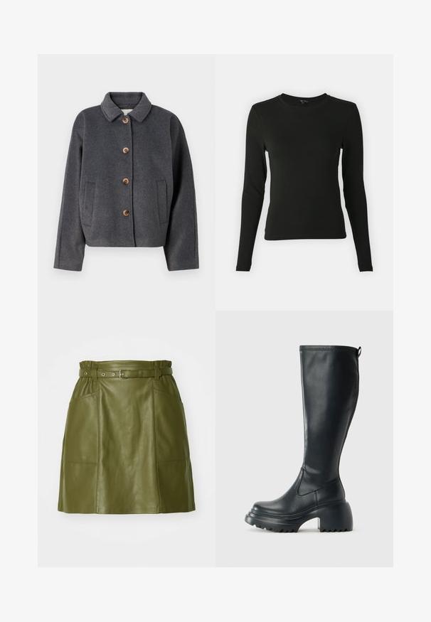 Gray wool-blend jacket with a collar, five wooden buttons, two side pockets, and a cropped design. Soft texture with a subtle finish.; Long-sleeve black shirt made of smooth fabric, featuring a round neckline and fitted shape, with no visible patterns or accents.; Olive green leather skirt with a belted waist, featuring two front pockets and smooth texture. A-line silhouette with a modern design.; Tall black leather boot with chunky platform sole and block heel, featuring pull tab and textured tread on outsole.