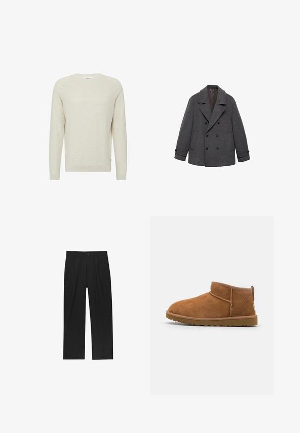 Grijze wollen jas met dubbele knopen en brede revers, twee voorzakken en knoopmanchetten. Glad stof met een zachte voering.; Lichtbeige trui gemaakt van textuurgebreide stof. Heeft een geribbelde ronde hals en lange mouwen, met een subtiel ontwerp overal.; Zwarte broeken met een recht model, gemaakt van een gladde stof. Voorzien van een voorplooien en een enkele knoopsluiting bij de taille.; Tan suède enkellaars met een ronde neus, subtiele stiksels en een gestructureerde rubberen zool. Korte hoogte zonder veters.