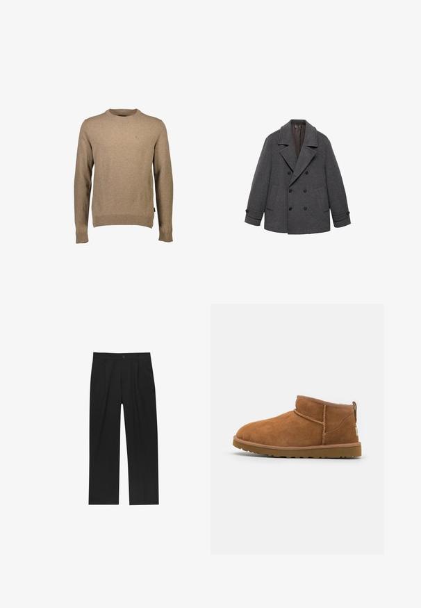 Cappotto grigio in lana doppiopetto con ampi rever, due tasche frontali e polsini con bottoni. Tessuto liscio con una morbida fodera interna.; Maglione a girocollo beige realizzato in materiale morbido, con maniche lunghe e polsini a costine. Dettaglio logo piccolo sul petto. Design pulito.; Pantaloni neri con un design a gamba dritta, realizzati in un tessuto liscio. Presentano pieghe frontali e una chiusura a un bottone in vita.; Stivaletto in camoscio color tan con punta rotonda, dettagli di cucitura discreti e suola in gomma texture. Altezza ridotta senza lacci.