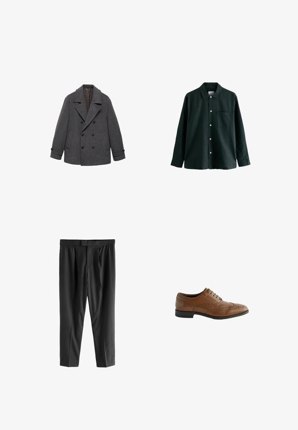 Cappotto grigio in lana doppiopetto con ampi rever, due tasche frontali e polsini con bottoni. Tessuto liscio con una morbida fodera interna.; Camicia button-up verde scuro con colletto, maniche lunghe e una tasca sul petto; presenta bottoni bianchi e una consistenza morbida.; Next REGULAR FIT -CHECK SMART - Chino - black; Scarpa da dress in pelle marrone con dettagli di broguing intricati, punta rotonda e tacco piatto. Presenta cinque occhielli per i lacci e una superficie liscia.