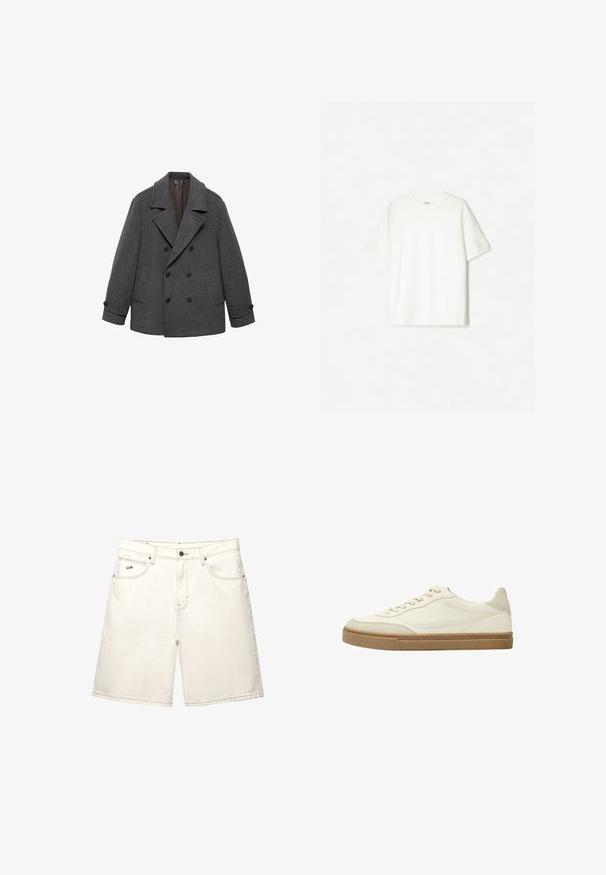 Dvojradový šedý vlnený kabát s širokými klopami, dvomi prednými vreckami a gombíkovými manžetami. Hladká tkanina s jemnou vnútornou podšívkou.; Biele tričko s krátkym rukávom vyrobené z mäkkého bavlneného materiálu. S dizajnom s okrúhlym výstrihom, vo voľnom strihu, bez viditeľných log či vzorov.; Biele deniminové šortky so rovnom strihom, piatimi vreckami a viditeľným šitím. Majú zapínanie na prednom gombíku a malé logo značky na boku.; Biele kožené nízke tenisky s béžovými akcentmi a textúrovanou gumovou podrážkou. Obsahujú tónované švy a zaoblený tvar špičky.