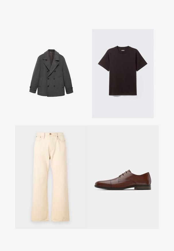 Szary wełniany płaszcz dwurzędowy z szerokimi klapami, dwoma przednimi kieszeniami i guzikiem przy mankietach. Gładki materiał z miękką podszewką.; Jednolity czarny t-shirt z krótkim rękawem, wykonany z bawełny, z okrągłym dekoltem i małą metką "WEEKDAY" na wewnętrznej stronie kołnierza z tyłu.; Beżowe dżinsy z wysokim stanem o szerokim kroju, wykonane z denimu, z zapięciem na guziki z przodu i dwiema tylnymi kieszeniami.; Brązowe skórzane buty eleganckie z gładkim wykończeniem, zaokrąglonym noskiem i trzema oczkami do sznurowania. Posiadają niski obcas i teksturowaną podeszwę.