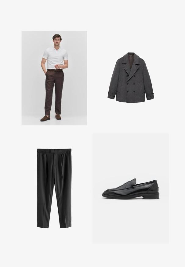 Grå ullkappa med dubbelknäppning och breda slag, två framfickor och knappade ärmslut. Slätt tyg med mjukt innerfoder.; Vit kortärmad polotröja, mörkbruna linbyxor, flätad brun läderbälte, bruna mockaloafers, stående mot en enfärgad bakgrund.; Next REGULAR FIT -CHECK SMART - Chinos - black; Svarta läderloafers med en slät finish, med rund tå och en smal rem över framsidan. Låg klack.