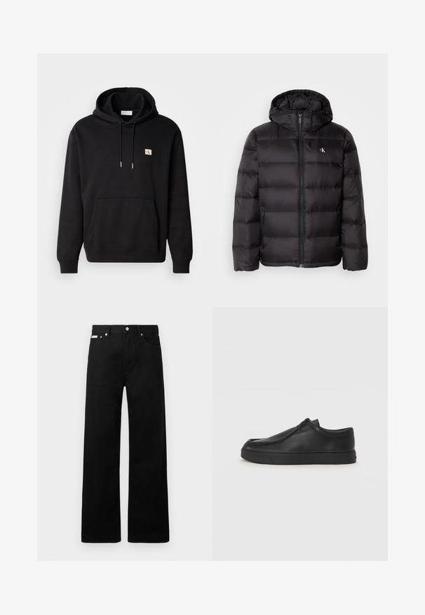 Čierna prešívaná bunda s kapucňou, obsahujúca prešívaný dizajn, predný zips a dve bočné vrecká. Malé logo na hrudi.; Čierna mikina s kapucňou a klokaním vreckom, s nastaviteľnou šnúrkou na kapucni a malou nášivkou na hrudi. Vyrobená z mäkkej, textúrovanej tkaniny.; Čierne džínsy s širokými nohavicami, obsahujúce päť vreciek a kovové zapínanie. Hladká textúra, bez viditeľných vzorov.; Čierna kožená slip-on obuv s okrúhlou špičkou, prešívaním a čiernou gumovou podrážkou. Hladký povrch s minimalistickým dizajnom.