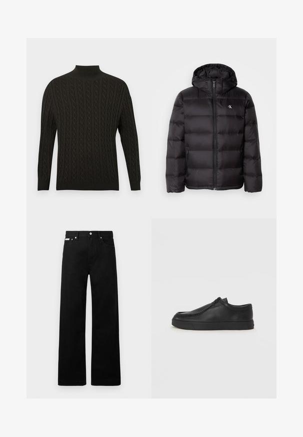 Schwarze Steppdaunenjacke mit Kapuze, mit gestepptem Design, Reißverschluss vorne und zwei Seitentaschen. Kleines Logo auf der Brust.; Schwarzer Strickpullover mit hohem Rollkragen, strukturiertem Kabeldesign, langen Ärmeln und gerippten Bündchen und Saum.; Schwarze Denim-Hose im weiten Bein-Design mit fünf Taschen und metallenen Knopfdetails. Glatte Textur, ohne sichtbare Muster.; Schwarze Leder-Schlupfschuhe mit runder Zehenform, genähten Details und schwarzer Gummisohle. Glatte Textur mit minimalistischem Design.