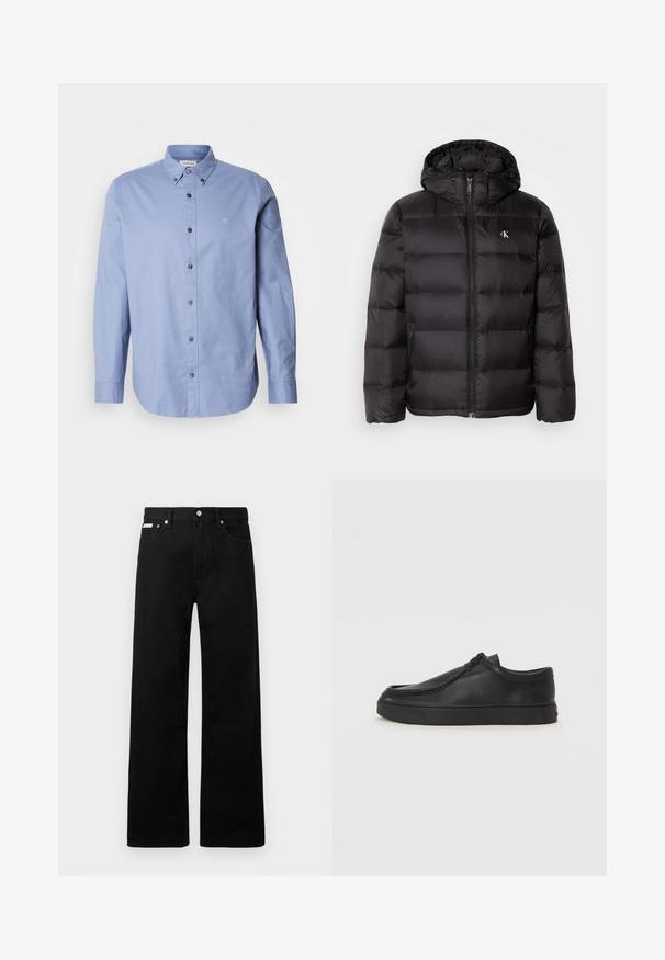 Fekete, kapucnis steppelt mintájú dzseki elöl cipzáras záródással és két oldalzsebbel. Kis logó a mellrészen.; Világoskék, hosszú ujjú, gombos ing sima anyagból. Klasszikus gallérral, fekete gombokkal és egy kis logóval rendelkezik a mellen.; Fekete farmernadrág széles szabással, öt zsebbel és fém gombos díszítéssel. Sima felület, látható minták nélkül.; Fekete bőr slip-on cipő lekerekített orral, varrott részletekkel és fekete gumitalppal. Simaság és minimalista dizájn jellemzi.
