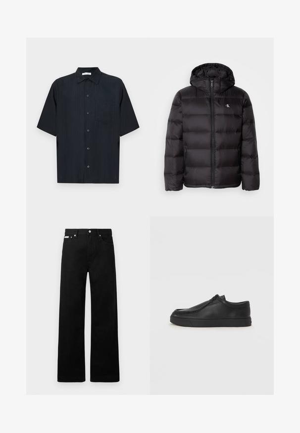 Melna pūkaina jaka ar kapuci, ar šūtu rakstu, rāvējslēdzēja aizdari priekšpusē un divām sānu kabatām. Mazs logotips uz krūtīm.; Melna īsroku krekls no teksturēta auduma ar pogu aizdari priekšpusē, nelielu ieliktni kabatā un klasisku apkakles dizainu.; Melni džinsi ar platajiem bikšu dizainu, ar piecām kabatām un metāla pogām. Gluda tekstūra, bez redzamām rakstu detaļām.; Melnas ādas slip-on kurpes ar noapaļotu purngalu, šūšanas detaļām un melnu gumijas zoli. Gluda tekstūra ar minimālistisku dizainu.