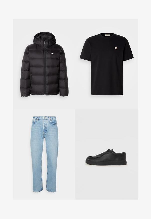 Giacca imbottita nera con cappuccio, caratterizzata da un design trapuntato, chiusura frontale con zip e due tasche laterali. Piccolo logo sul petto.; T-shirt di cotone nero con maniche corte, collo rotondo e un piccolo logo ricamato sul lato sinistro del petto. Texture liscia, vestibilità regolare.; Jeans in denim blu chiaro con taglio dritto, vita alta, design a cinque tasche e dettagli di cucitura visibili sulle cuciture e orli.; Scarpa slip-on in pelle nera con punta arrotondata, dettagli cuciti e suola in gomma nera. Texture liscia con design minimalista.