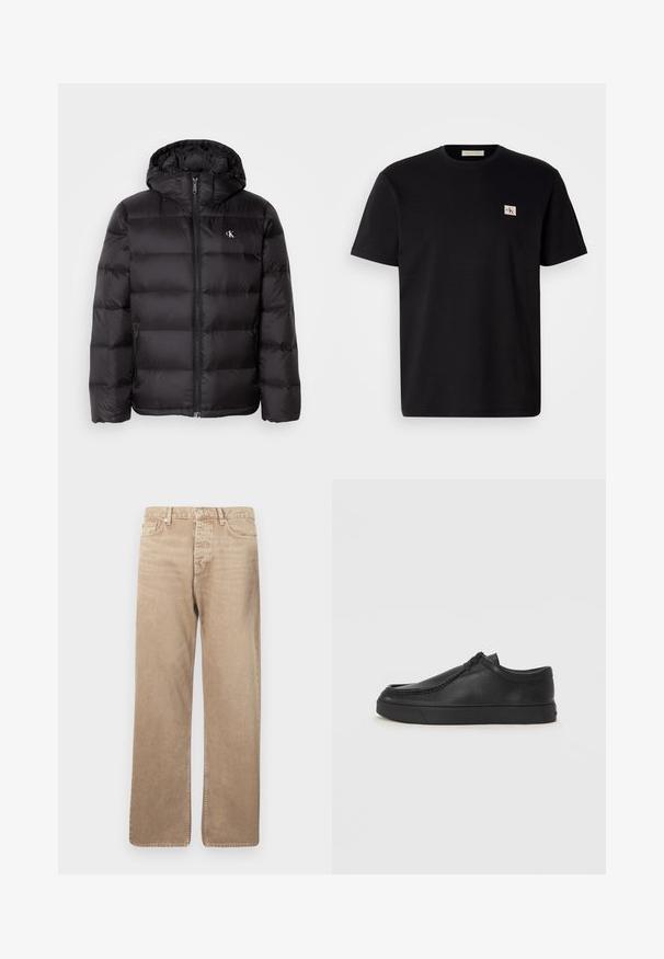 Čierna prešívaná bunda s kapucňou, obsahujúca prešívaný dizajn, predný zips a dve bočné vrecká. Malé logo na hrudi.; Čierne bavlnené tričko s krátkymi rukávmi, okrúhlym výstrihom a malým vyšitým logom na ľavej hrudi. Hladká textúra, štandardný strih.; Béžové džínsové nohavice so strait fit, s piatimi vreckami, zapínaním na gombík a kontrastným prešívaním. Hladká textura a minimálne opotrebovanie.; Čierna kožená slip-on obuv s okrúhlou špičkou, prešívaním a čiernou gumovou podrážkou. Hladký povrch s minimalistickým dizajnom.