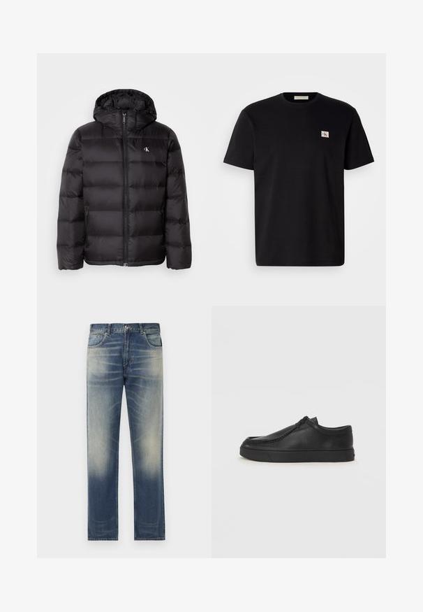 Čierna prešívaná bunda s kapucňou, obsahujúca prešívaný dizajn, predný zips a dve bočné vrecká. Malé logo na hrudi.; Čierne bavlnené tričko s krátkymi rukávmi, okrúhlym výstrihom a malým vyšitým logom na ľavej hrudi. Hladká textúra, štandardný strih.; Modré denimové džínsy s rovný strihom, ktoré majú jemné vyblednutie a ozdobné efektové detaily na prednej strane, päť vreciek a pútka na opasok.; Čierna kožená slip-on obuv s okrúhlou špičkou, prešívaním a čiernou gumovou podrážkou. Hladký povrch s minimalistickým dizajnom.