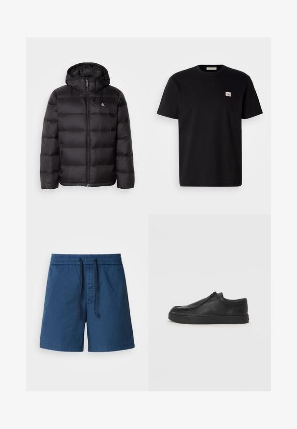 Svart dunjakke med hette, med quiltet design, glidelås foran og to sidelommer. Liten logo på brystet.; Svart bomull t-skjorte med korte ermer, rund hals og en liten brodert logo på venstre bryst. Glatt tekstur, normal passform.; Marineblå svømmebukser med elastisk talje, snøre lukning og struktureret stof. Designet har en lige pasform og ingen lommer.; Sorte skinnsko uten snøring med rund tå, sydd detaljer og svart gummisåle. Glatt tekstur med minimalistisk design.