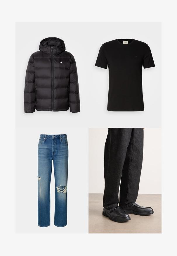 Black puffer jacket with a hood, featuring a quilted design, zip front closure, and two side pockets. Small logo on the chest.; Black cotton t-shirt with short sleeves, round neckline, and a small Calvin Klein logo on the chest. Smooth texture, classic fit.; Light blue denim jeans with a high waist, straight leg, and distressed rips on both knees. Features classic five-pocket design and a button closure.; Black leather shoes with a textured finish, featuring a raised seam design and a sturdy rubber sole, worn with dark denim pants.