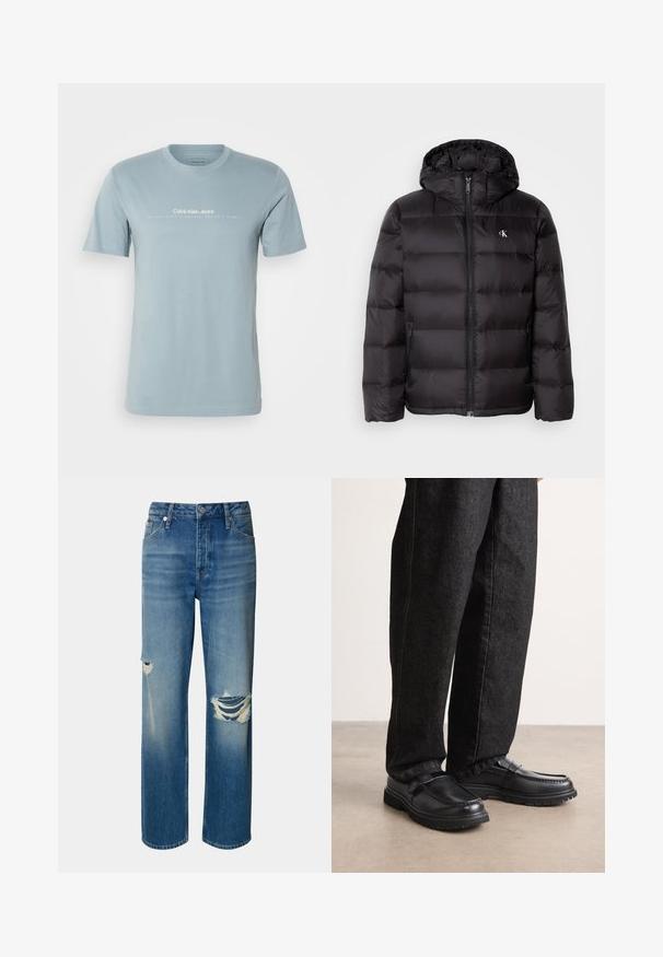 Fekete, kapucnis steppelt mintájú dzseki elöl cipzáras záródással és két oldalzsebbel. Kis logó a mellrészen.; Világoskék pamut póló rövid ujjakkal, kerek nyakkal, és fehér "Calvin Klein Jeans" logóval, amely a mellkason található. Sima textúra.; Világoskék farmernadrág magas derékkal, egyenes szárral és koptatott lyukakkal mindkét térdnél. Klasszikus öt zsebes dizájnnal és gombos záródással rendelkezik.; Fekete bőr cipők texturált felülettel, emelt varrásmintával és tartós gumitalppal, sötét farmernadrággal viselve.