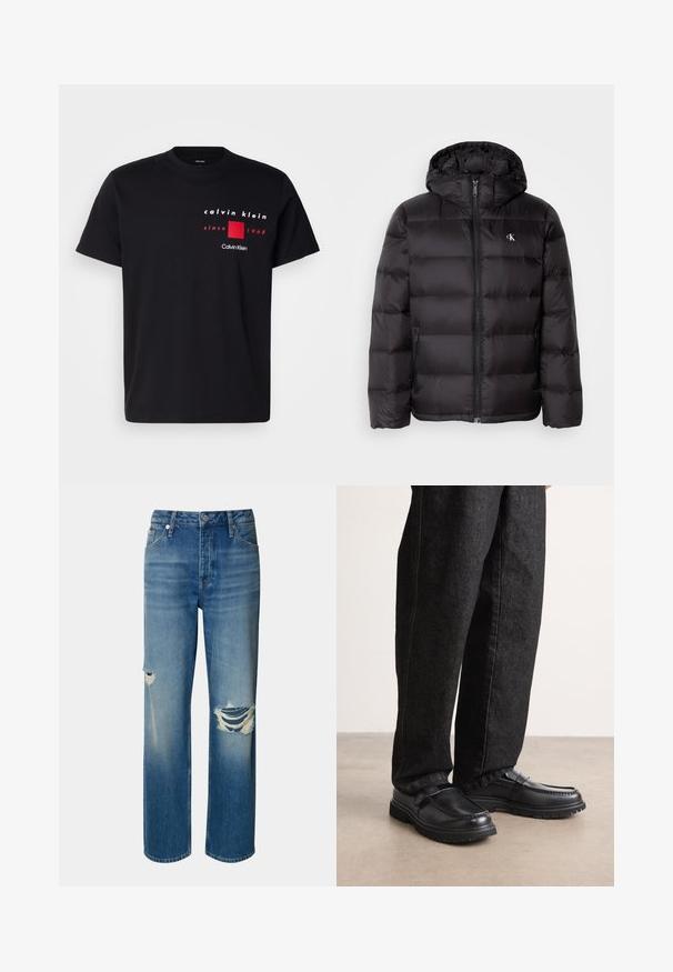 Black puffer jacket with a hood, featuring a quilted design, zip front closure, and two side pockets. Small logo on the chest.; Black cotton t-shirt featuring a printed graphic design in white and red, with text that includes "Calvin Klein" and "since 1968" above a red square.; Light blue denim jeans with a high waist, straight leg, and distressed rips on both knees. Features classic five-pocket design and a button closure.; Black leather shoes with a textured finish, featuring a raised seam design and a sturdy rubber sole, worn with dark denim pants.