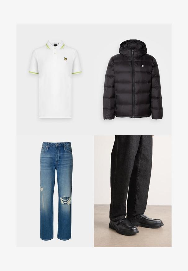 Juoda pūkinė striukė su gaubtu, su siuvinėta tekstūra, priekyje su užtrauktuku ir dviem šoninėmis kišenėmis. Mažas logotipas ant krūtinės.; Baltas polo marškinėlis su žaliais dryžiais apykaklėje ir rankovėse. Ant krūtinės yra geltonai išsiuvinėtas logotipas. Pagamintas iš lygaus audinio.; Šviesiai mėlynos džinsinės kelnės su aukštu juosmeniu, tiesiomis kojomis ir pažeidimais (plyšiais) abiejose keliuose. Dėl klasikinio penkių kišenių dizaino ir mygtuko uždarymo.; Juodos odinės bateliai su tekstūruotu paviršiumi, turintys iškilusių siūlių dizainą ir tvirtą guminį padas, dėvimi su tamsiai mėlynomis džinsinėmis kelnėmis.