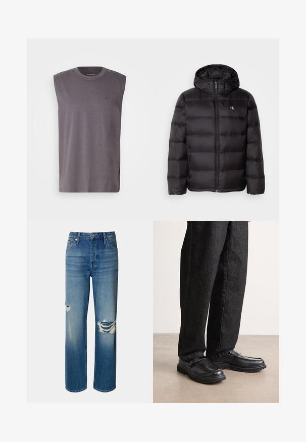 Juoda pūkinė striukė su gaubtu, su siuvinėta tekstūra, priekyje su užtrauktuku ir dviem šoninėmis kišenėmis. Mažas logotipas ant krūtinės.; Bezdantė pilka marškinėlių su apvalia iškirpte, pagaminti iš minkštos medvilnės mišinio, su subtiliu logotipu ant krūtinės. Lygi tekstūra, laisvas kirpimas.; Šviesiai mėlynos džinsinės kelnės su aukštu juosmeniu, tiesiomis kojomis ir pažeidimais (plyšiais) abiejose keliuose. Dėl klasikinio penkių kišenių dizaino ir mygtuko uždarymo.; Juodos odinės bateliai su tekstūruotu paviršiumi, turintys iškilusių siūlių dizainą ir tvirtą guminį padas, dėvimi su tamsiai mėlynomis džinsinėmis kelnėmis.