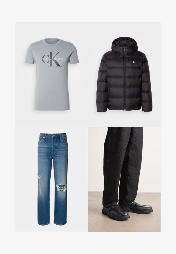 Černá péřová bunda s kapucí, která má prošitou strukturu, zapínání na zip vpředu a dvě boční kapsy. Malé logo na hrudi.; Svetle šedé bavlněné tričko s krátkým rukávem, na kterém je černý grafický potisk "Calvin Klein Jeans" a velké logo "CK".; Svetle modré džíny z denimu s vysokým pasem, rovnými nohavicemi a obtížnými roztrženinami na obou kolenou. Obsahují klasický design s pěti kapsami a zapínání na knoflík.; Černé kožené boty s texturovaným povrchem, vyznačující se vystouplým švem a pevnou gumovou podrážkou, nošené s tmavými džíny.