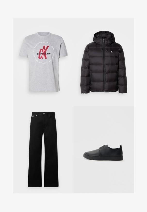 Črna puhasta jakna s kapuco, z vzorcem prešite tkanine, z zadrgo spredaj in dvema žepoma ob straneh. Majhen logotip na prsih.; Siva bombažna majica z okrogličnim izrezom, kratkimi rokavi in osrednjim tiskom z napisom "Calvin Klein" ter "CK" v rdeči in črni barvi.; Črne jeans hlače širokega kroja, z petimi žepi in kovinskimi gumbi. Gladka tekstura, brez vidnih vzorcev.; Črne usnjene športne čevlje z gladko površino, okroglo oblikovano nosilo, toniranim šivanjem, vezanjem spredaj in ravnim gumijastim podplatom. Zanko na peti.