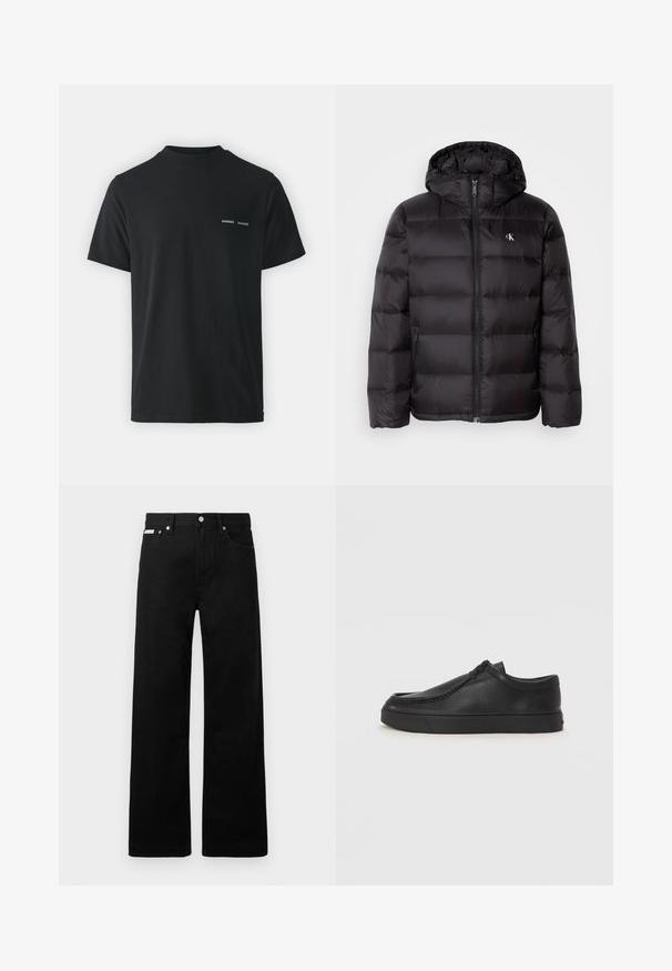 Sort dunjakke med hætte, prydet med et quiltet design, lynlås foran og to sidelommer. Lille logo på brystet.; Sort bomulds t-shirt med klassisk rund hals, korte ærmer og to små hvide "SAMSØE" logoer på venstre bryst.; Sorte denimbukser med bred ben-design, der har fem lommer og metallisk knapdetalje. Glat tekstur, uden synlige mønstre.; Sorte læderslippersko med en rund tå, stikninger og sort gummisål. Glat tekstur med minimalistisk design.