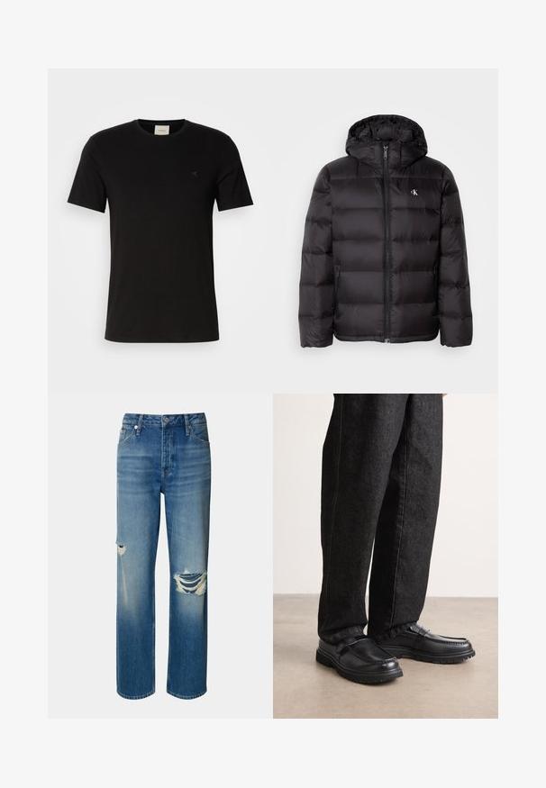 Melna pūkaina jaka ar kapuci, ar šūtu rakstu, rāvējslēdzēja aizdari priekšpusē un divām sānu kabatām. Mazs logotips uz krūtīm.; Melns kokvilnas T-krekls ar īsām piedurknēm, apaļu kakla izgriezumu un mazu Calvin Klein logotipu krūtīs. Gluda tekstūra, klasiskā piegriezuma.; Gai zili džinsi ar augstu jostasvietu, taisnu kāju un nolietotām plēstēm abās ceļgalos. Iespējo klasisko piecu kabatu dizainu un pogu aizdares sistēmu.; Melnas ādas kurpes ar teksturētu apdari, kurām ir pacelta šuvju dizains un izturīga gumijas zole, valkātas ar tumšiem džinsu biksēm.