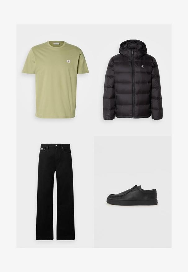 Geacă puff neagră cu glugă, cu design matlasat, închidere frontală cu fermoar și două buzunare laterale. Logo mic pe piept.; Tricou scurt cu mâneci, de culoare verde măsliniu, realizat din bumbac neted. Prezintă un mic logo rectangular pe partea stângă a pieptului. Design clasic cu guler rotund.; Pantaloni din denim negri cu un design cu picioare largi, având cinci buzunare și accesorii metalice pentru butoane. Textură netedă, fără modele vizibile.; Pantofii din piele neagră, fără șireturi, cu vârful rotund, detalii cusute și talpă din cauciuc negru. Textură netedă cu un design minimalist.
