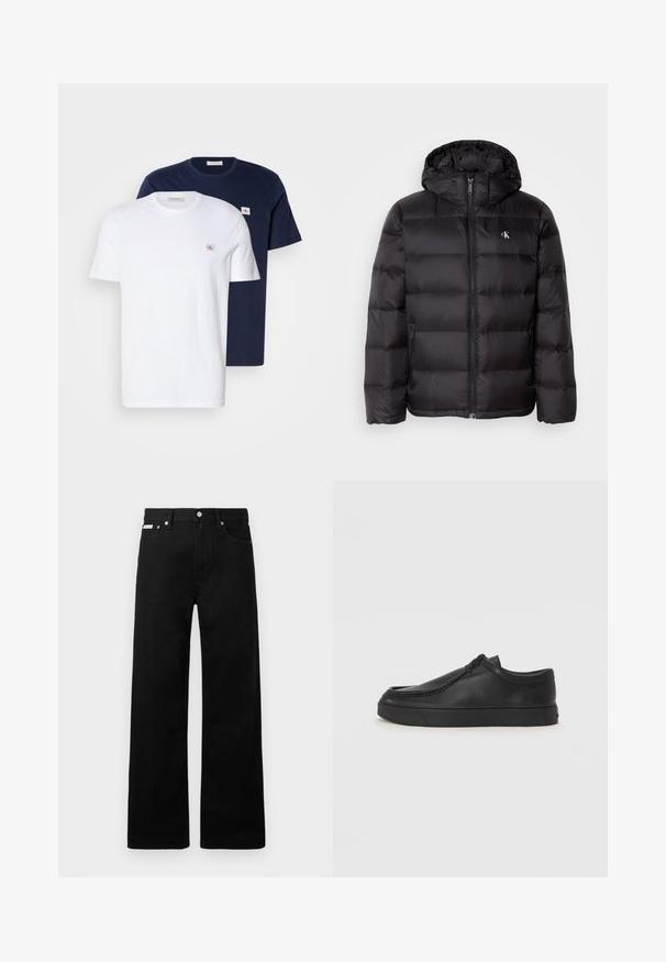 Casaco acolchoado preto com capuz, apresentando um design acolchoado, fecho frontal com fecho éclair e dois bolsos laterais. Pequeno logótipo no peito.; Pacote de t-shirts de algodão em branco e azul-marinho. Cada uma apresenta um decote redondo, mangas curtas e um pequeno emblema no peito.; Calças de ganga pretas com um design de pernas largas, apresentando cinco bolsos e fechos metálicos. Textura suave, sem padrões visíveis.; Sapata slip-on de couro preto com biqueira arredondada, detalhes cosidos e sola de borracha preta. Textura suave com design minimalista.