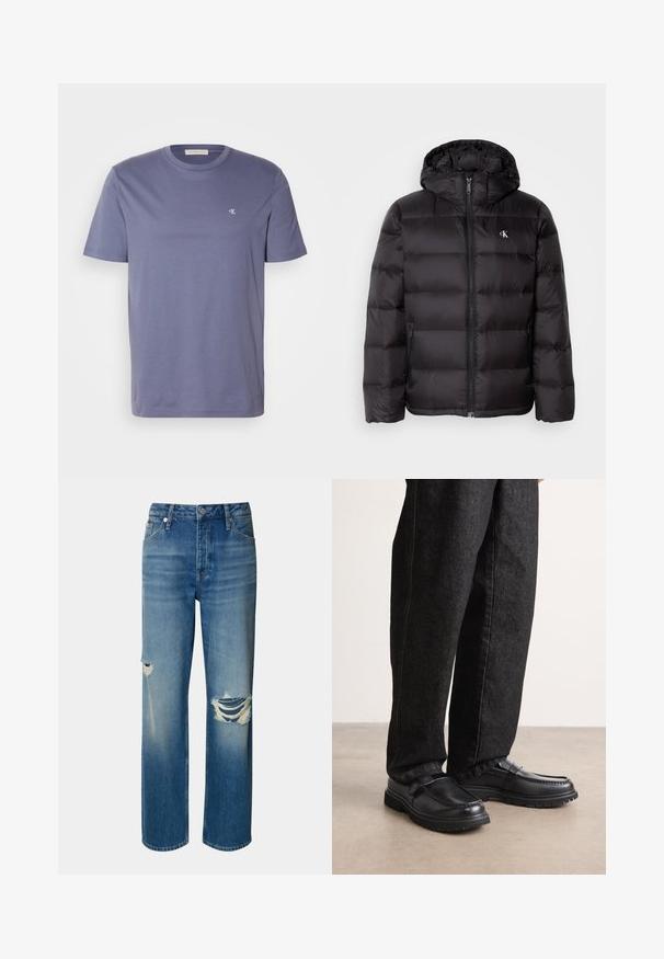 Juoda pūkinė striukė su gaubtu, su siuvinėta tekstūra, priekyje su užtrauktuku ir dviem šoninėmis kišenėmis. Mažas logotipas ant krūtinės.; Šviesiai mėlynas medvilninis marškinėliai trumpomis rankovėmis su apvalia iškirpte ir mažu baltu logotipu ant krūtinės. Paprastas, vientisas dizainas.; Šviesiai mėlynos džinsinės kelnės su aukštu juosmeniu, tiesiomis kojomis ir pažeidimais (plyšiais) abiejose keliuose. Dėl klasikinio penkių kišenių dizaino ir mygtuko uždarymo.; Juodos odinės bateliai su tekstūruotu paviršiumi, turintys iškilusių siūlių dizainą ir tvirtą guminį padas, dėvimi su tamsiai mėlynomis džinsinėmis kelnėmis.