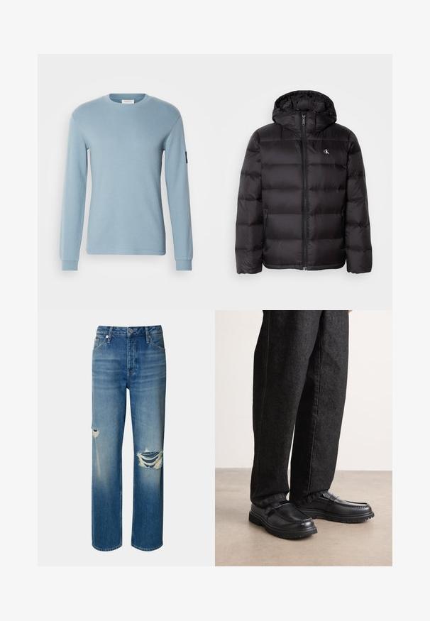 Black puffer jacket with a hood, featuring a quilted design, zip front closure, and two side pockets. Small logo on the chest.; Light blue long-sleeve shirt with a round neckline and textured fabric. Features cuffed sleeves and a small black logo patch on the left arm.; Light blue denim jeans with a high waist, straight leg, and distressed rips on both knees. Features classic five-pocket design and a button closure.; Black leather shoes with a textured finish, featuring a raised seam design and a sturdy rubber sole, worn with dark denim pants.