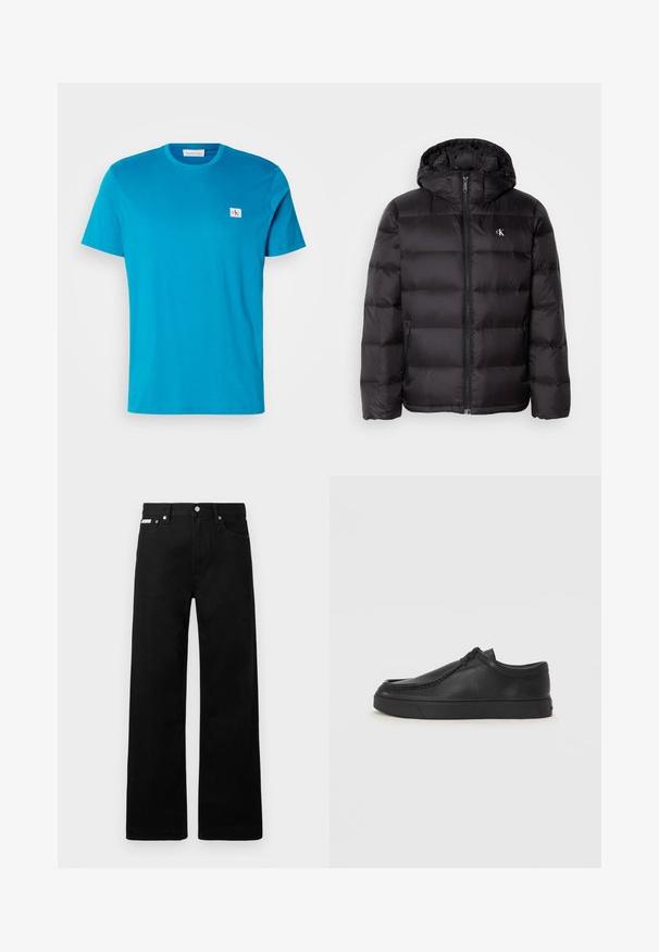 Casaco acolchoado preto com capuz, apresentando um design acolchoado, fecho frontal com fecho éclair e dois bolsos laterais. Pequeno logótipo no peito.; T-shirt de algodão turquesa com mangas curtas, gola redonda e um pequeno patch branco com o logótipo no peito. Textura suave e corte casual.; Calças de ganga pretas com um design de pernas largas, apresentando cinco bolsos e fechos metálicos. Textura suave, sem padrões visíveis.; Sapata slip-on de couro preto com biqueira arredondada, detalhes cosidos e sola de borracha preta. Textura suave com design minimalista.