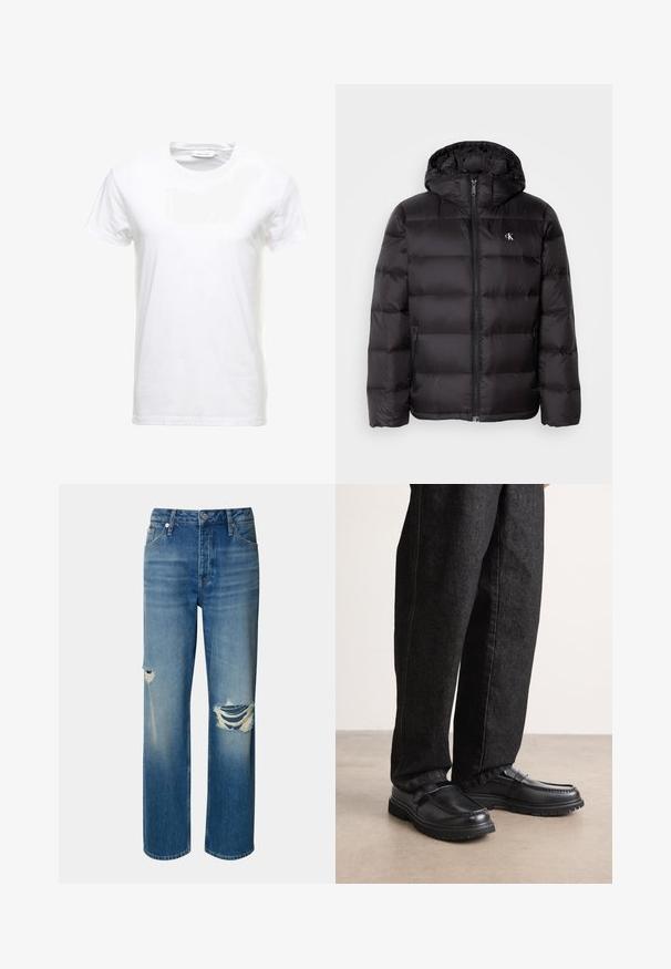 Musta kapuutsiga laskujõkke mantel, millel on tikitud muster, ees lukk ja kaks küljetaskut. Väike logo rinnal.; Valge puuvillane t-särk lühikeste varrukatega, ümar kaelus ja sile tekstuur. Silt on nähtav kaeluse juures. Lihtne ja klassikaline stiil.; Heledad sinine denimhari, kõrge vöökoht, sirge sääreosa ja katastroofilised rebenemised mõlemal põlvel. Omab klassikalist viie tasku disaini ja nööpkinnitust.; Mustad nahast kingad, millel on tekstureeritud viimistlus, väljaulatuva õmbluse disain ja tugev kummitald, kantud tumedate teksapükstega.