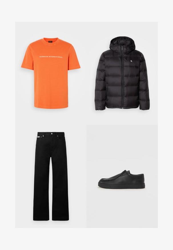 Casaco acolchoado preto com capuz, apresentando um design acolchoado, fecho frontal com fecho éclair e dois bolsos laterais. Pequeno logótipo no peito.; T-shirt de algodão laranja com decote redondo e mangas curtas. Apresenta texto branco a dizer "BARBOUR INTERNATIONAL" no peito.; Calças de ganga pretas com um design de pernas largas, apresentando cinco bolsos e fechos metálicos. Textura suave, sem padrões visíveis.; Sapata slip-on de couro preto com biqueira arredondada, detalhes cosidos e sola de borracha preta. Textura suave com design minimalista.