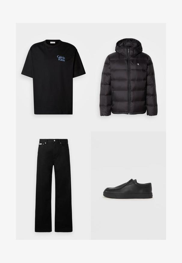 Musta kapuutsiga laskujõkke mantel, millel on tikitud muster, ees lukk ja kaks küljetaskut. Väike logo rinnal.; Must must T-särk, millel on mugav lõige, lühikesed varrukad ja sinine tikand "Calvin Klein" logo rinnaesisel.; Mustadest denimist püksid laiade jalgadega, viie tasku ja metallist nööpidega. Sile tekstuur, nähtavad mustrid puuduvad.; Must na ostri varvastega musta nahast libisemisega king, millel on tikand ja must kummitald. Sile tekstuur ja minimalistik disain.