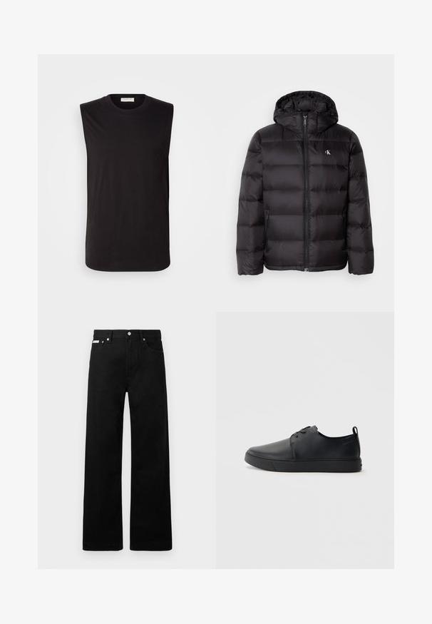 Czarna kurtka puchowa z kapturem, z pikowanym wzorem, zamkiem błyskawicznym z przodu i dwoma bocznymi kieszeniami. Małe logo na piersi.; Czarny bezrękawnik wykonany z miękkiej bawełny. Posiada okrągły dekolt i luźny krój, charakteryzujący się gładką teksturą i brakiem ozdób.; Czarne dżinsowe spodnie o szerokim kroju, z pięcioma kieszeniami i metalowymi guzikami. Gładka tekstura, bez widocznych wzorów.; Czarne skórzane sneakersy o gładkim wykończeniu, zaokrąglonym nosku, tonalnym przeszyciu, sznurowanym przodzie oraz płaskiej gumowej podeszwie. Pętla na pięcie.