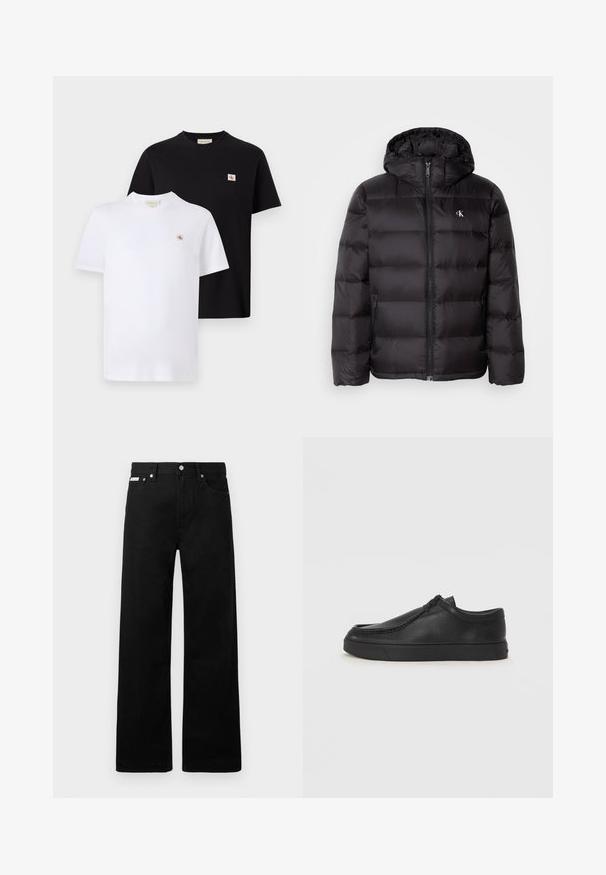 Zwarte gewatteerde jas met capuchon, voorzien van een doorgestikt ontwerp, ritssluiting aan de voorkant en twee zijzakken. Klein logo op de borst.; Twee T-shirts met korte mouwen in zwart en wit katoen, met een klein logo op de borst en een klassiek ronde hals ontwerp.; Zwarte spijkerbroek met een wijd uitlopende pasvorm, voorzien van vijf zakken en metallic knopen. Gladde textuur, geen zichtbare patronen.; Zwarte leren instapschoen met een ronde neus, gestikte details en een zwarte rubberen zool. Soepele textuur met een minimalistisch ontwerp.