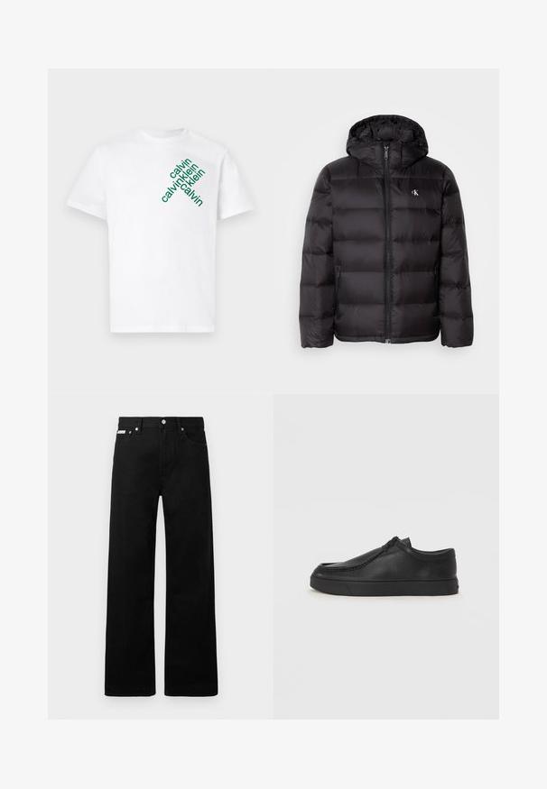 Casaco acolchoado preto com capuz, apresentando um design acolchoado, fecho frontal com fecho éclair e dois bolsos laterais. Pequeno logótipo no peito.; T-shirt de algodão branca com texto diagonal verde "calvin klein" em tamanhos variados na frente. Design de mangas curtas e decote redondo.; Calças de ganga pretas com um design de pernas largas, apresentando cinco bolsos e fechos metálicos. Textura suave, sem padrões visíveis.; Sapata slip-on de couro preto com biqueira arredondada, detalhes cosidos e sola de borracha preta. Textura suave com design minimalista.