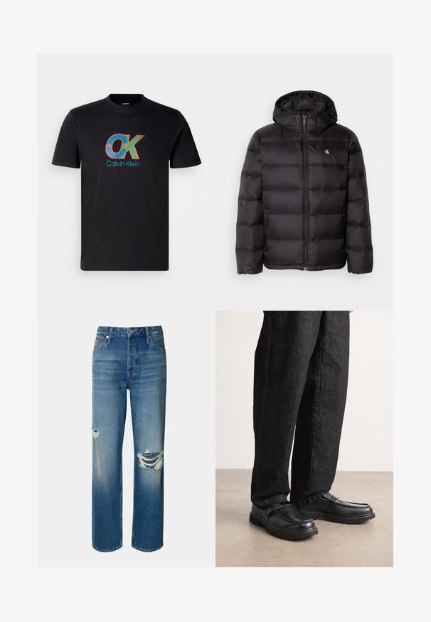 Chaqueta acolchada negra con capucha, con diseño acolchado, cierre frontal con cremallera y dos bolsillos laterales. Pequeño logotipo en el pecho.; Camiseta de algodón negra con un logo "OK" multicolor y el texto "Calvin Klein", cuello redondo y mangas cortas.; Vaqueros de mezclilla azul claros con cintura alta, pierna recta y desgastes con roturas en ambas rodillas. Presenta un diseño clásico de cinco bolsillos y un cierre de botón.; Zapatos de cuero negro con acabado texturizado, que cuentan con un diseño de costura elevada y suela de goma resistente, combinados con pantalones de mezclilla oscuros.