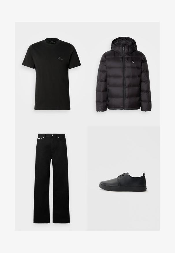 Sort dunjakke med hætte, prydet med et quiltet design, lynlås foran og to sidelommer. Lille logo på brystet.; Sort bomulds T-shirt med korte ærmer, rund hals og et lille hvidt logo på venstre bryst. Glat tekstur og klassisk pasform.; Sorte denimbukser med bred ben-design, der har fem lommer og metallisk knapdetalje. Glat tekstur, uden synlige mønstre.; Sorte lædersneakers med en glat finish, rund tå, tonalt syning, snøring foran og en flad gummisål. Løkke ved hælen.