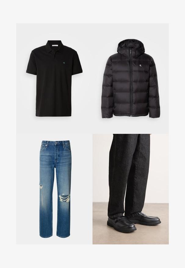 Fekete, kapucnis steppelt mintájú dzseki elöl cipzáras záródással és két oldalzsebbel. Kis logó a mellrészen.; Fekete, pamut póló, klasszikus gallérral, rövid ujjakkal, és egy kis zöld logóval a bal oldalon. Az élek szépen elkészítve.; Világoskék farmernadrág magas derékkal, egyenes szárral és koptatott lyukakkal mindkét térdnél. Klasszikus öt zsebes dizájnnal és gombos záródással rendelkezik.; Fekete bőr cipők texturált felülettel, emelt varrásmintával és tartós gumitalppal, sötét farmernadrággal viselve.