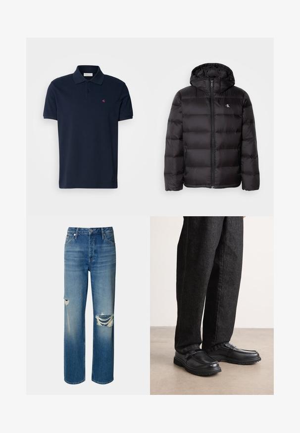 Fekete, kapucnis steppelt mintájú dzseki elöl cipzáras záródással és két oldalzsebbel. Kis logó a mellrészen.; Sötétkék polo póló, pamutból készült, klasszikus gallérral, rövid ujjú, a bal mellrészen egy kis rózsaszín logóval. Sima tapintású.; Világoskék farmernadrág magas derékkal, egyenes szárral és koptatott lyukakkal mindkét térdnél. Klasszikus öt zsebes dizájnnal és gombos záródással rendelkezik.; Fekete bőr cipők texturált felülettel, emelt varrásmintával és tartós gumitalppal, sötét farmernadrággal viselve.